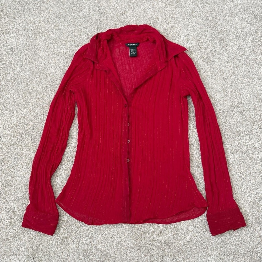 Y2K Sheer Red Shimmer Button-Up Office Siren Blouse XL